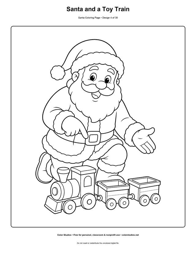 Santa kneeling beside a wooden toy train coloring page.