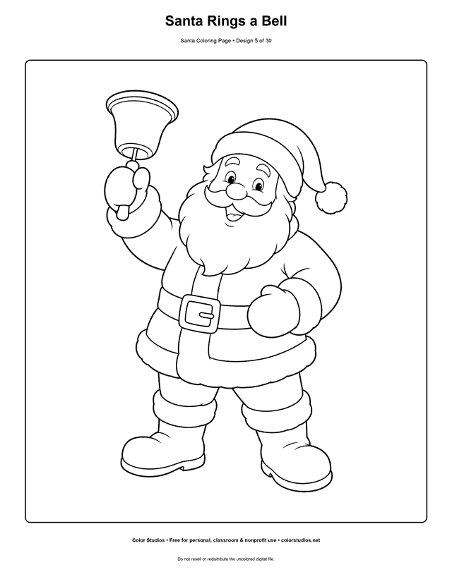 Santa ringing a large Christmas bell coloring page.