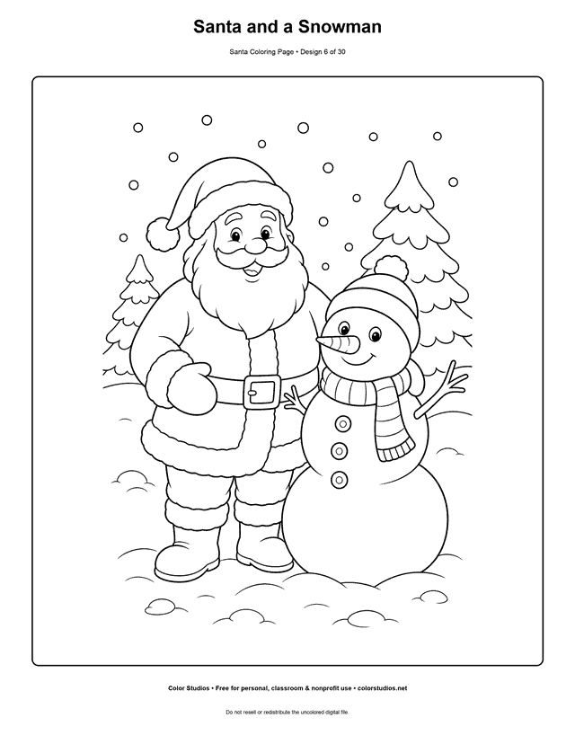 Santa standing beside a snowman coloring page.
