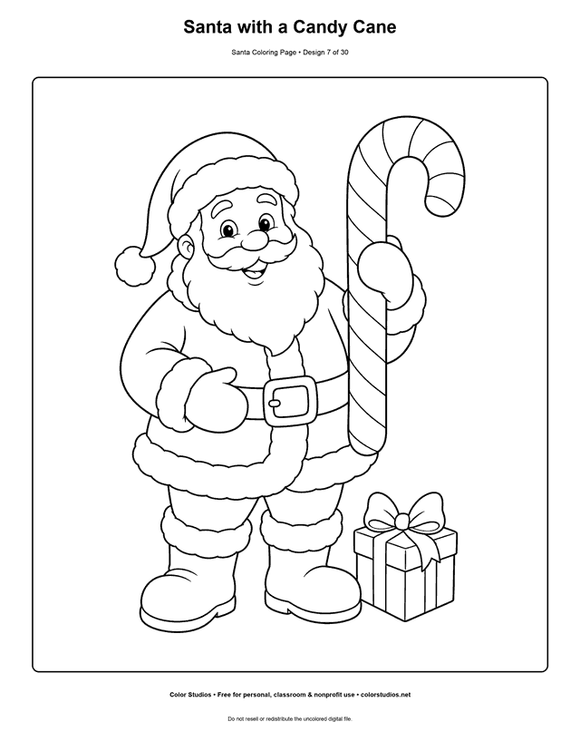 Santa holding a large candy cane coloring page.