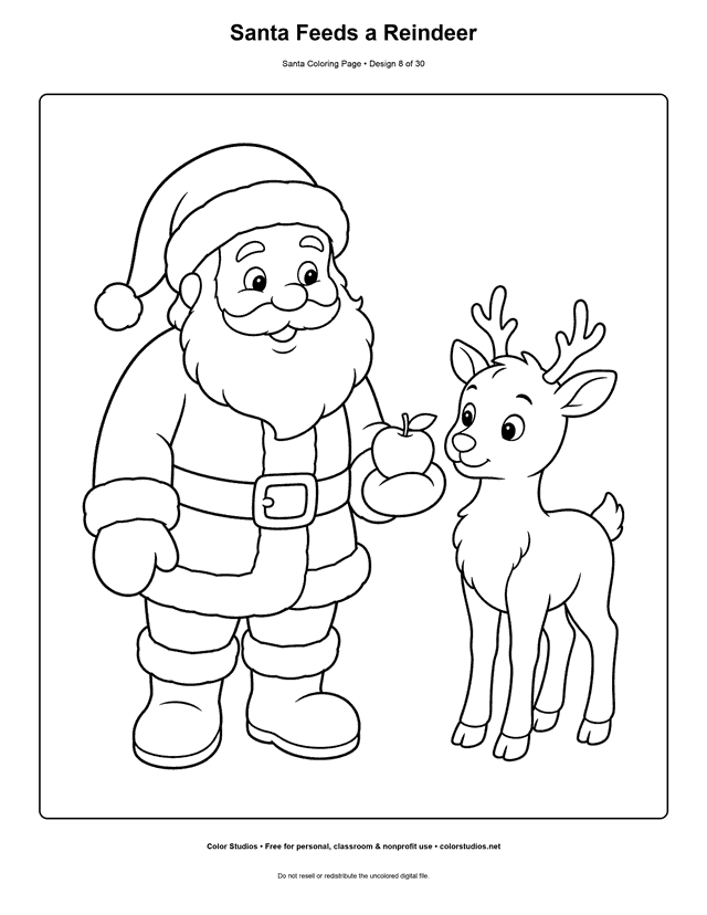 Santa feeding an apple to a young reindeer coloring page.