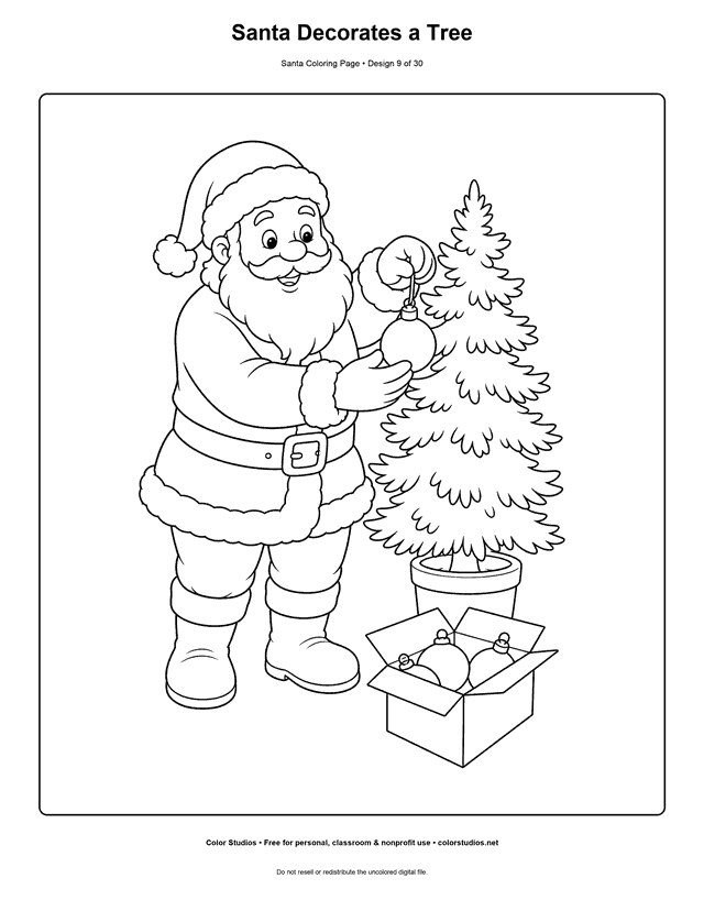 Santa decorating a small Christmas tree coloring page.