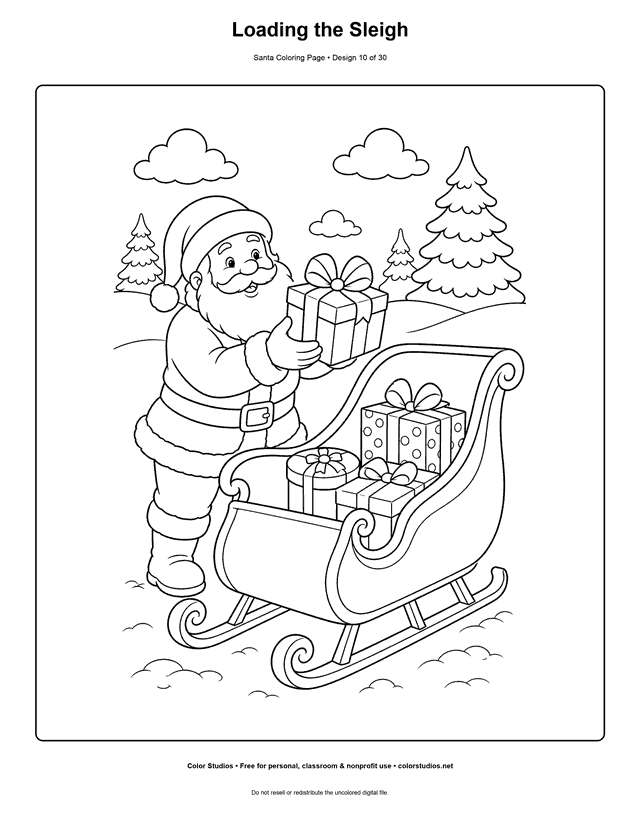 Santa loading wrapped gifts into a sleigh coloring page.