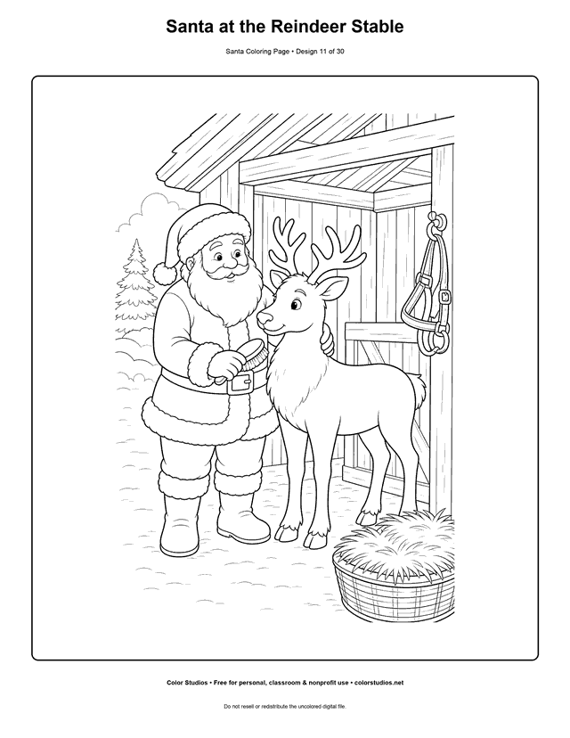 Santa brushing a reindeer at the stable coloring page.