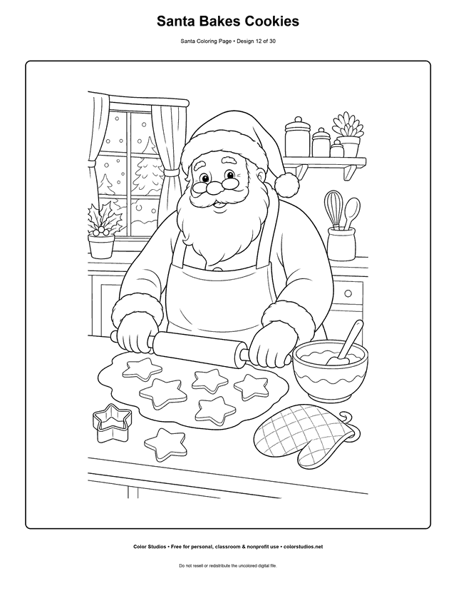 Santa baking star-shaped cookies coloring page.