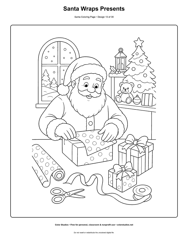 Santa wrapping presents at a table coloring page.