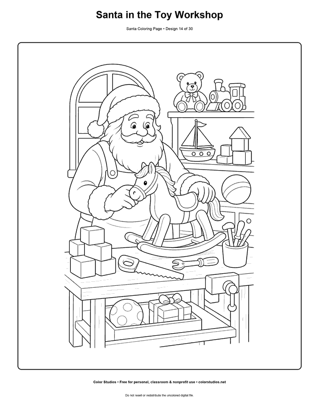 Santa making toys at a workshop bench coloring page.