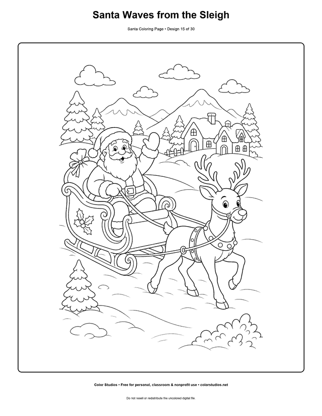 Santa waving from a sleigh pulled by one reindeer coloring page.