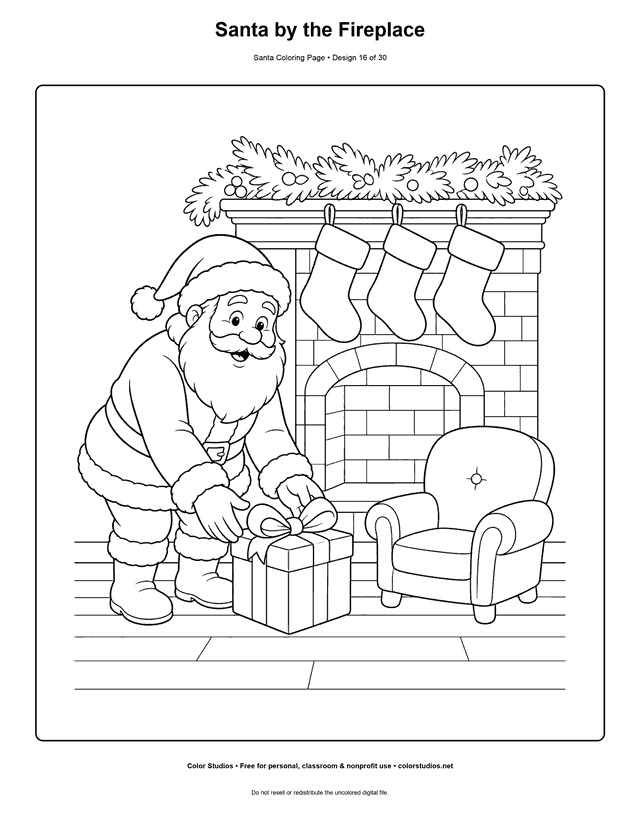 Santa placing a present beside a fireplace coloring page.