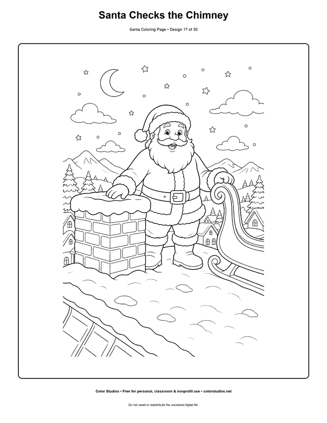 Santa checking a snowy rooftop chimney coloring page.