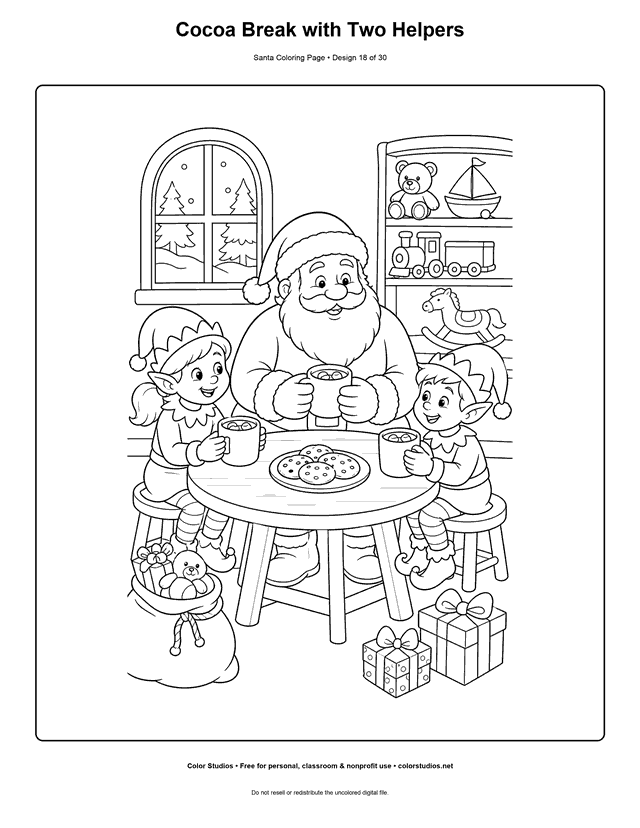 Santa sharing cocoa with two workshop helpers coloring page.