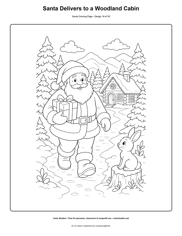 Santa carrying a gift to a snowy woodland cabin coloring page.