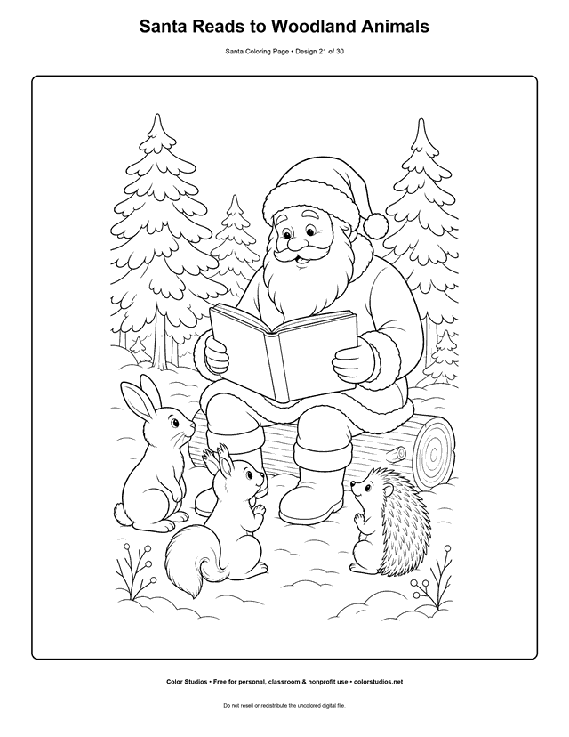 Santa reading a blank storybook to woodland animals coloring page.