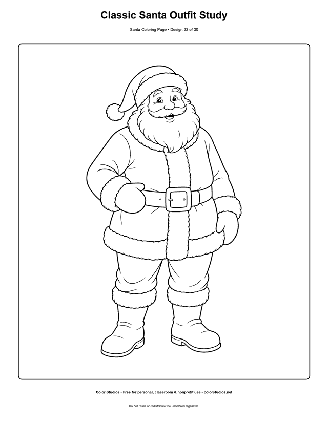Full-body classic Santa outfit study coloring page.