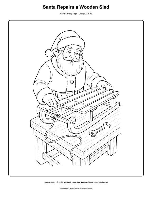 Santa repairing a wooden pull sled coloring page.