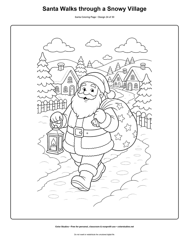 Santa walking through a snowy village coloring page.