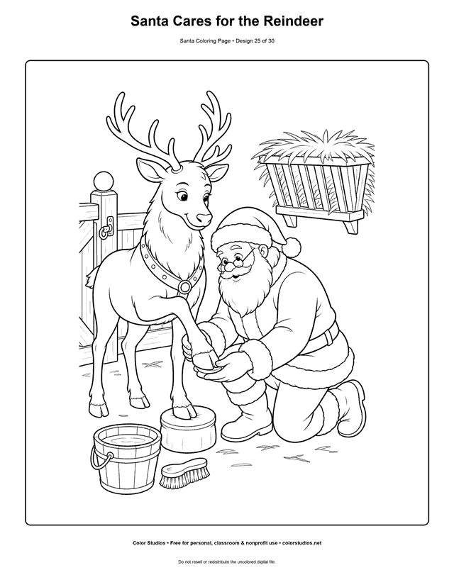 Santa caring for a reindeer beside a stable coloring page.