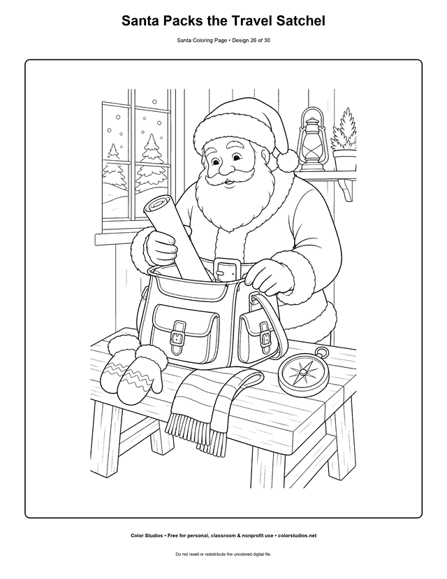 Santa packing a winter travel satchel coloring page.