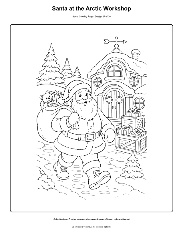 Santa outside an arctic toy workshop coloring page.
