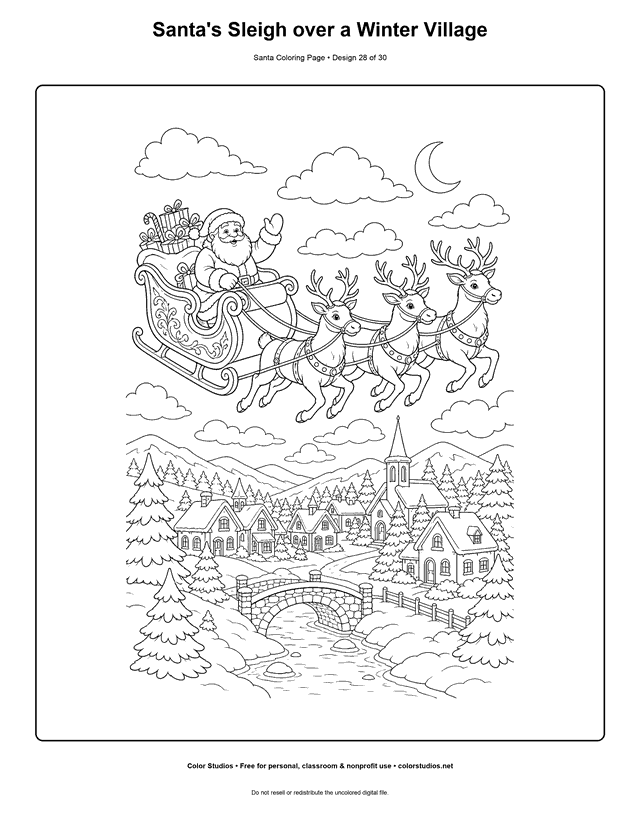 Detailed Santa sleigh flying over a winter village coloring page.