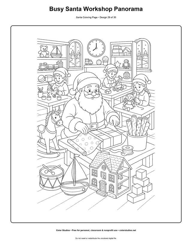 Detailed Santa toy workshop panorama coloring page.