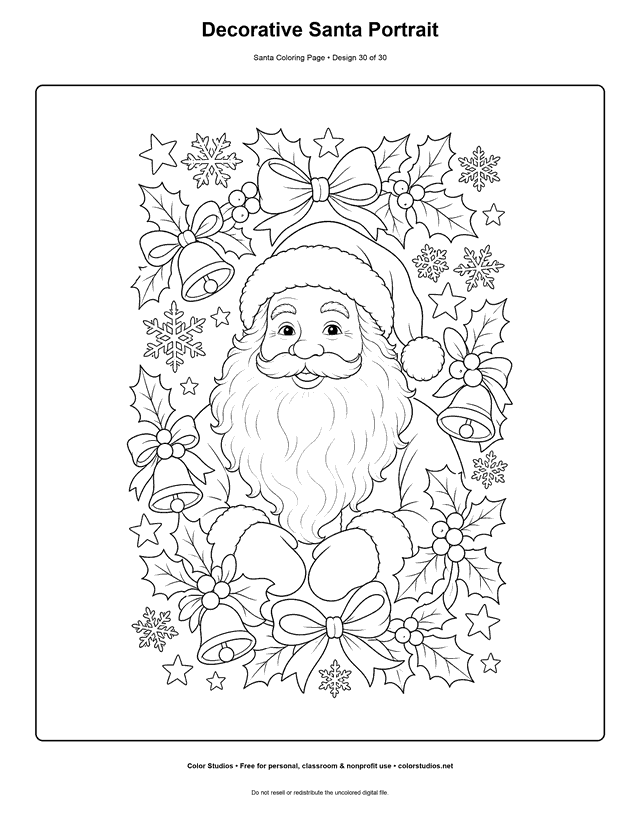 Detailed decorative Santa portrait with winter motifs coloring page.