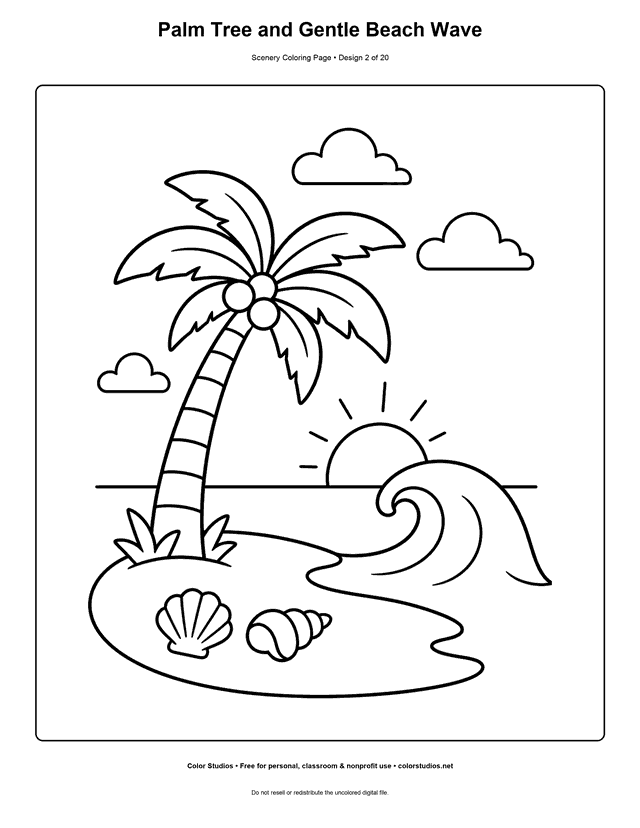 Palm tree beside a gentle beach wave and setting sun scenery coloring page.