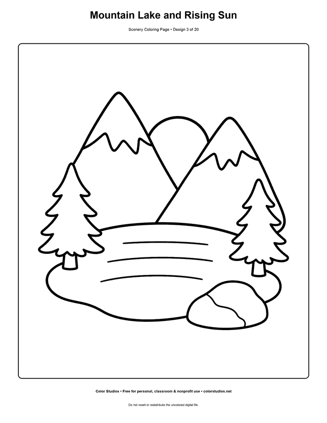 Two mountain peaks above a calm lake and rising sun scenery coloring page.