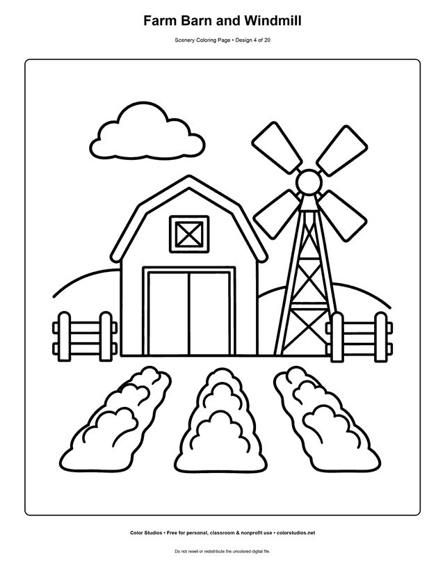 Barn, windmill, fences, and crop rows simple farm scenery coloring page.