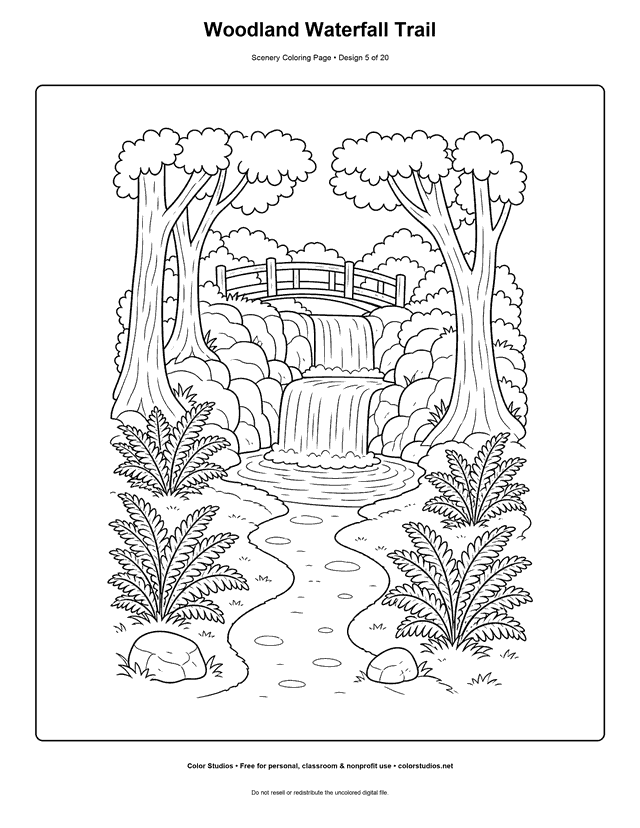 Woodland trail leading to a two-step waterfall and fern-lined pool scenery coloring page.