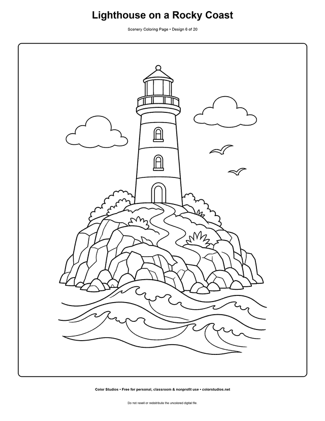 Lighthouse on a rocky coast above broad waves and a winding path scenery coloring page.