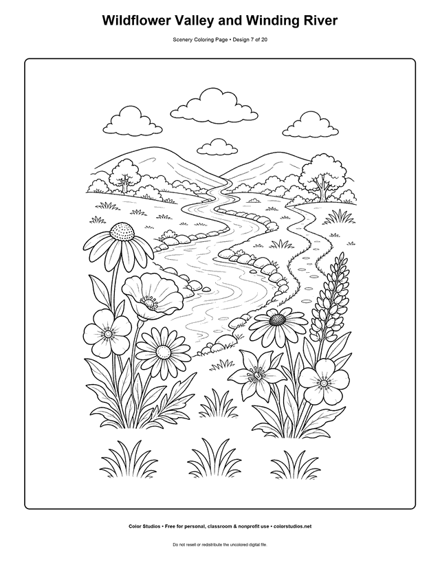 Winding river through a wildflower valley with distant hills scenery coloring page.