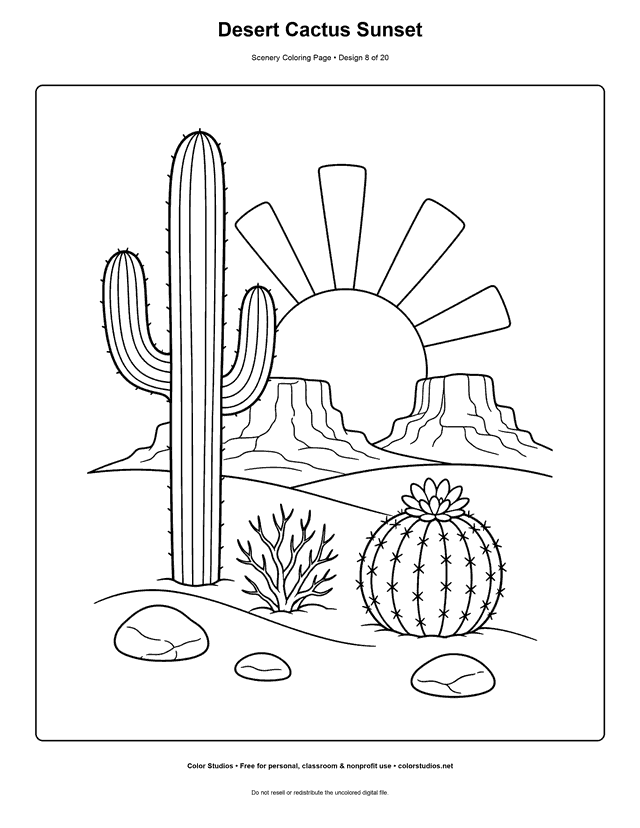 Saguaro and barrel cactus before mesas and a broad setting sun scenery coloring page.