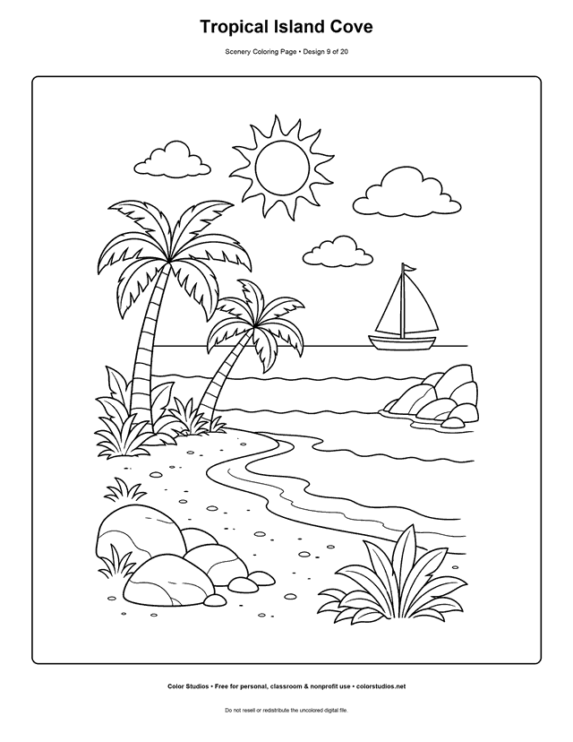 Tropical island cove with palms, beach, distant sailboat, sun, and clouds scenery coloring page.