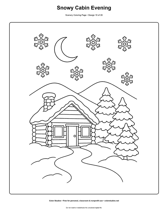 Snowy cabin among pine trees beneath a crescent moon scenery coloring page.