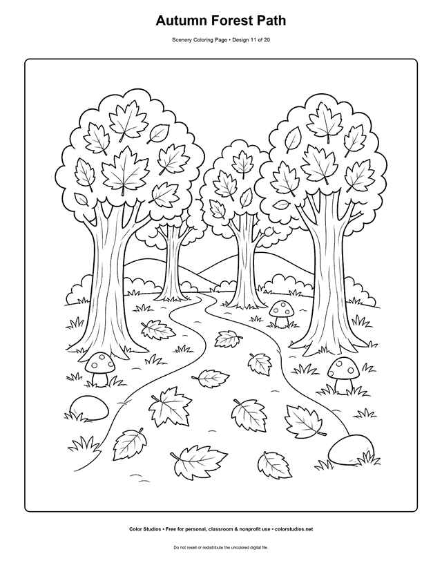 Curving autumn forest path with broad leaves, mushrooms, and distant hills scenery coloring page.