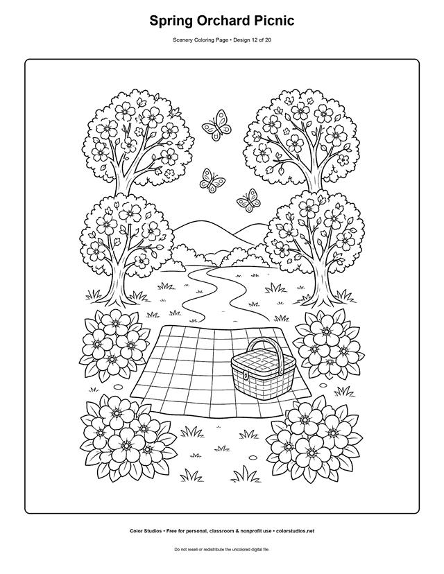 Blossoming orchard around a picnic blanket, basket, path, and hills scenery coloring page.