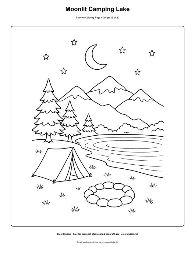 Tent beside a moonlit mountain lake with pines and stars scenery coloring page.