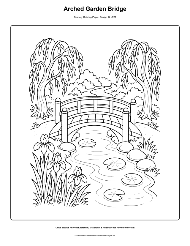 Arched garden bridge over a stream with lilies, irises, trees, and path scenery coloring page.