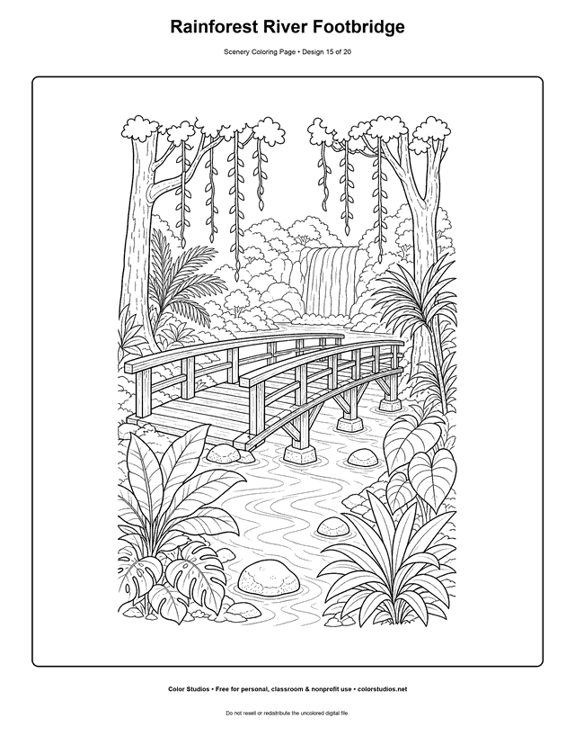 Wooden footbridge crossing a rainforest river toward a distant waterfall scenery coloring page.