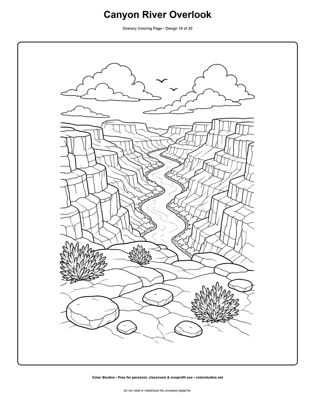 Layered canyon overlook above a winding river with shrubs and clouds scenery coloring page.