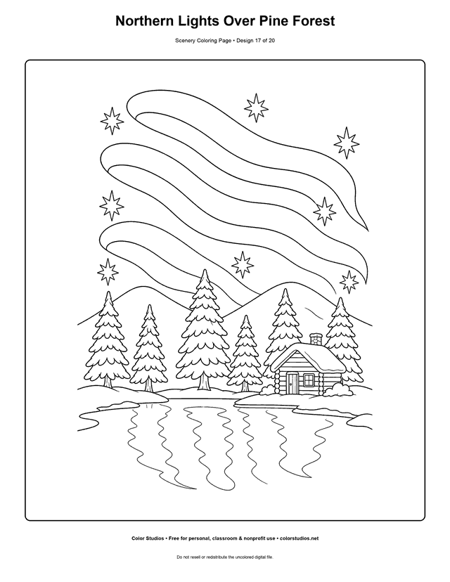 Northern lights above pine forest, snowy hills, frozen lake, and cabin scenery coloring page.