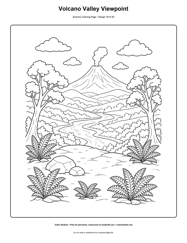 Distant calm volcano beyond a river valley and fern-lined overlook scenery coloring page.