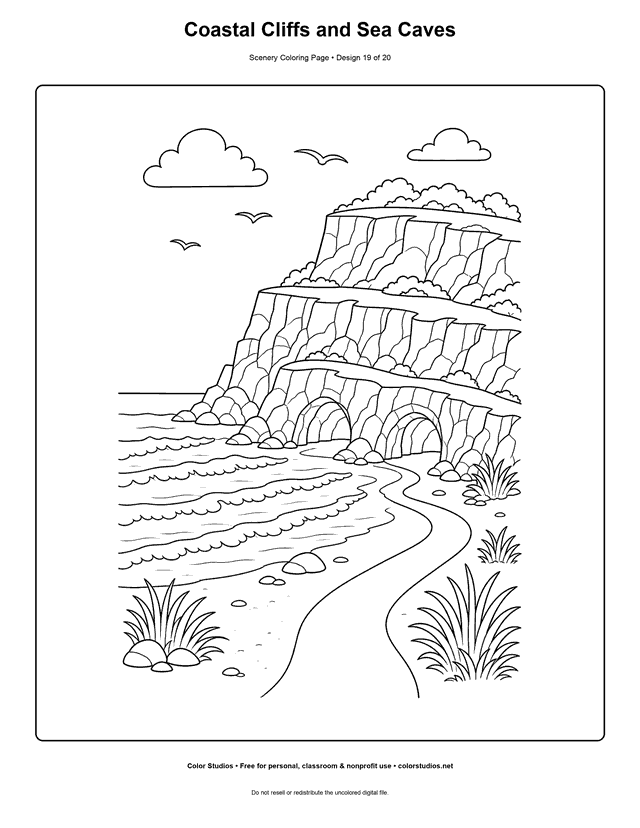 Layered coastal cliffs with two sea caves, waves, path, and seabirds scenery coloring page.