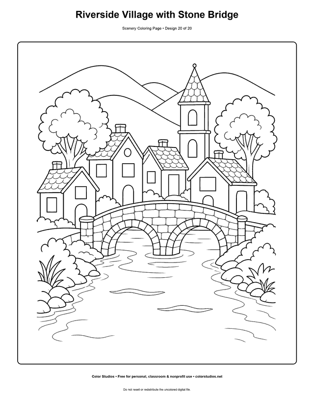 Original riverside village and two-arch stone bridge among hills scenery coloring page.