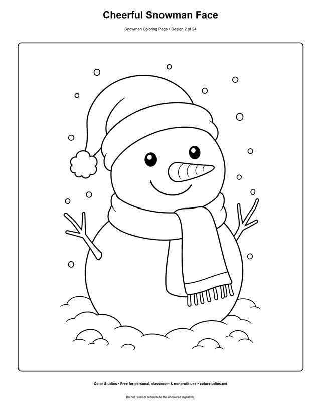 Cheerful Snowman Face printable snowman coloring page.