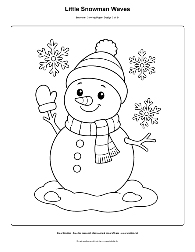 Little Snowman Waves printable snowman coloring page.