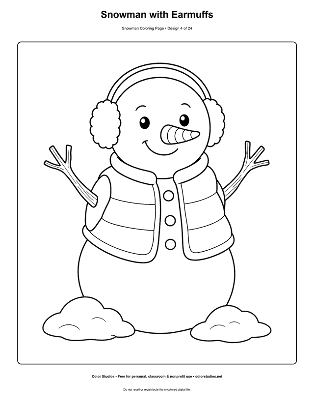 Snowman with Earmuffs printable snowman coloring page.