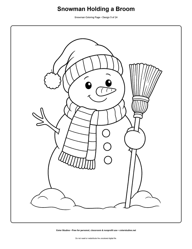Snowman Holding a Broom printable snowman coloring page.