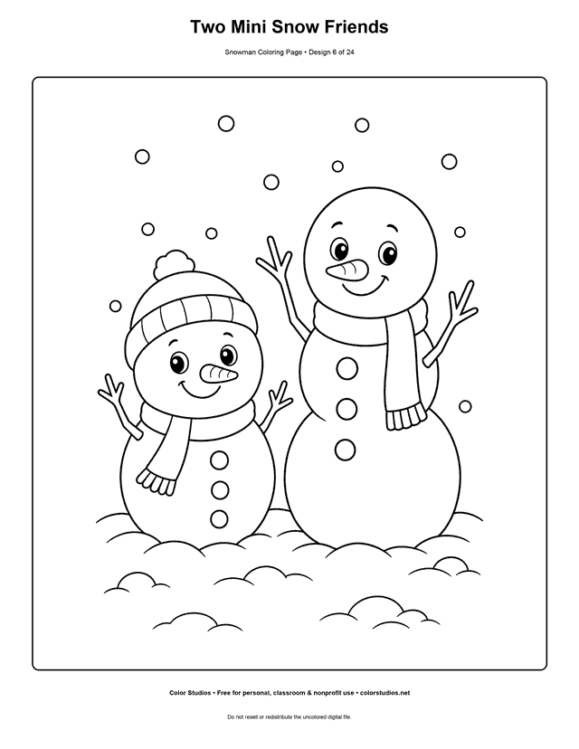 Two Mini Snow Friends printable snowman coloring page.